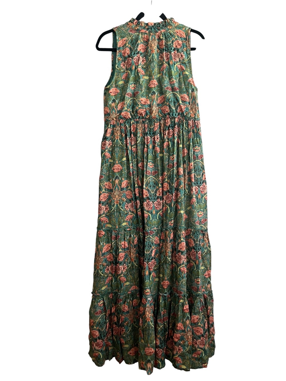 Natural Life Green Floral Metallic Lurex Tiered Maxi Dress Size Medium - Picture 3 of 12